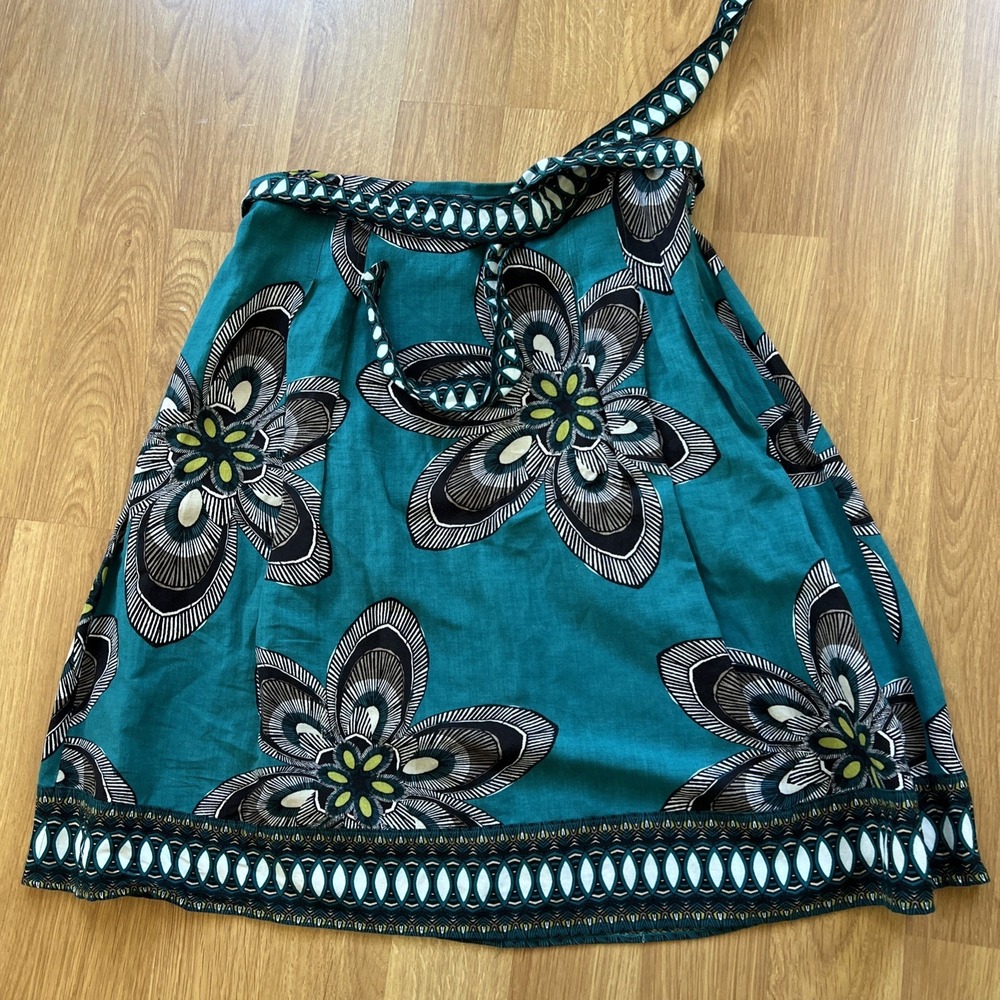 East 5th A-Line Skirt Sz 10 Boho Linen Blend Teal Floral‎ Belt Pleated Tie Belt